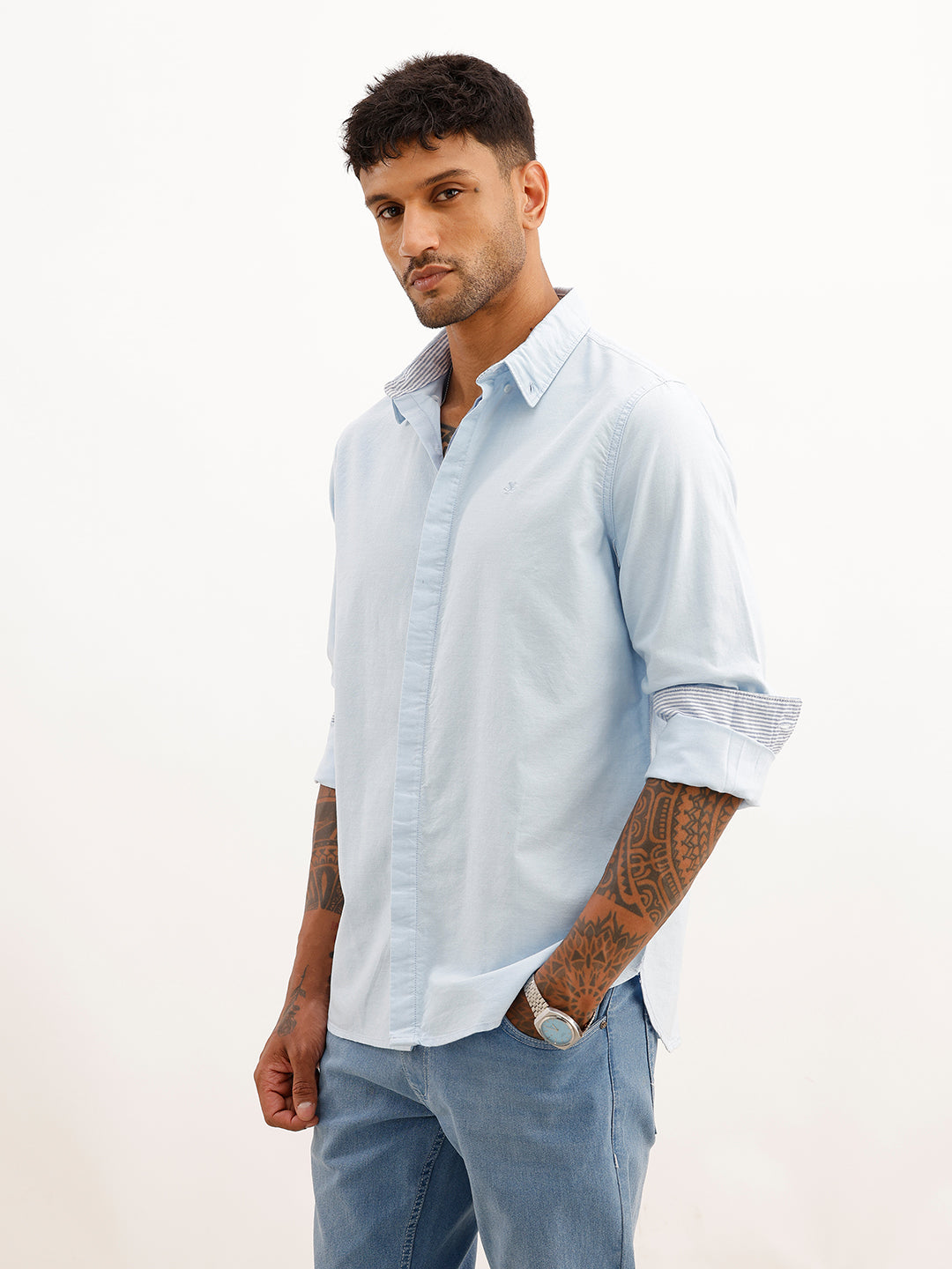 Classic Solid Double Placket Shirt | Blue