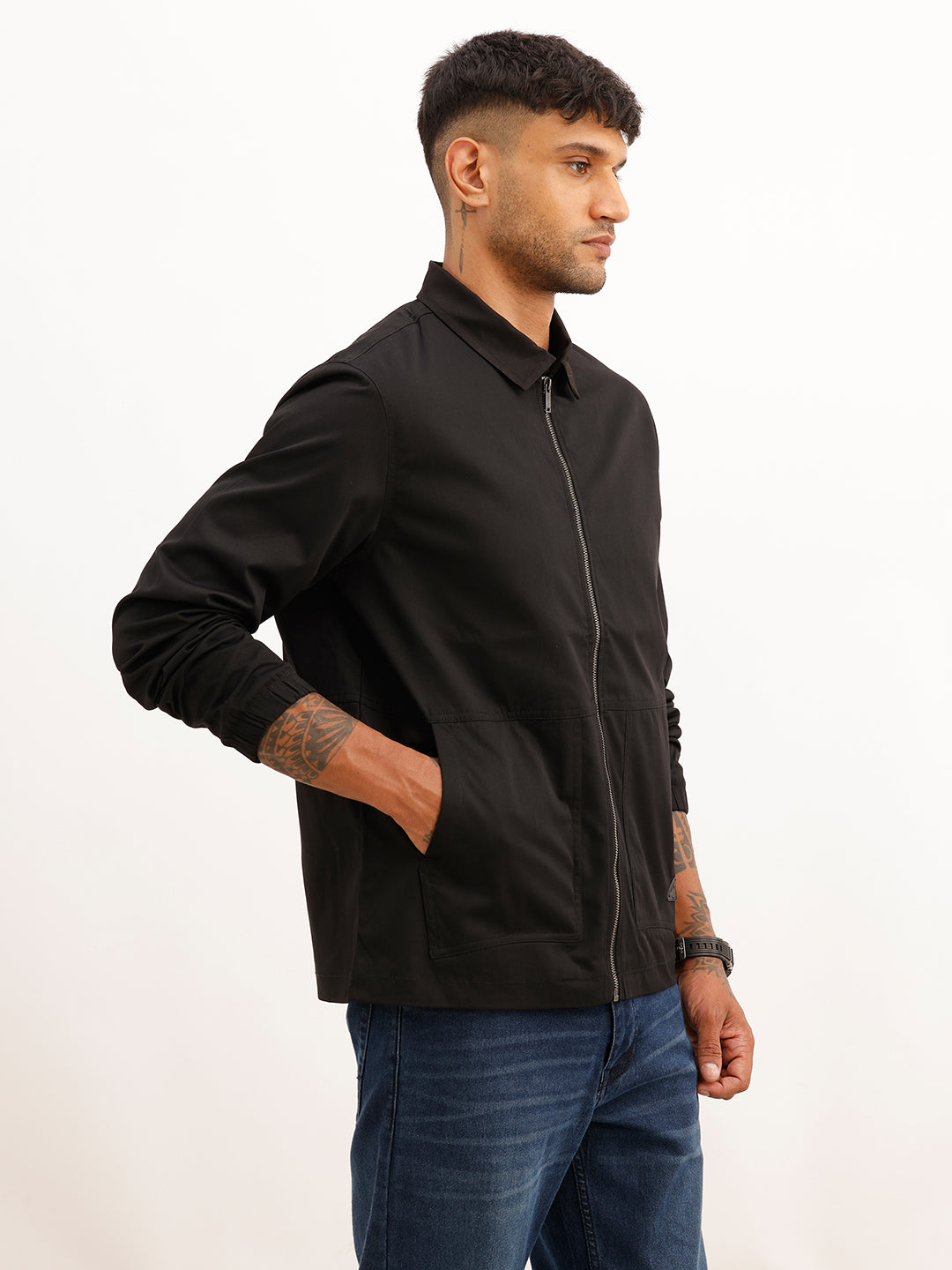 Solid Regular Fit Zipper Jacket | Brown