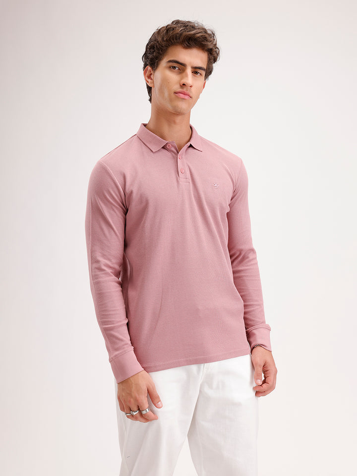 Slim Fit Long Sleeve Polo T-Shirt  | Pink