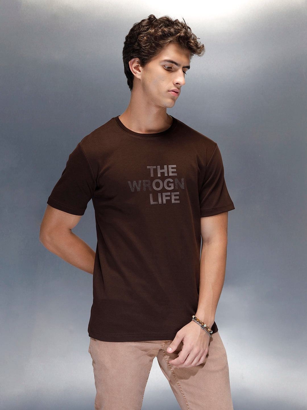 Men's Casual Slim Fit Tshirt with tonal 3D graphic print  | Brown
