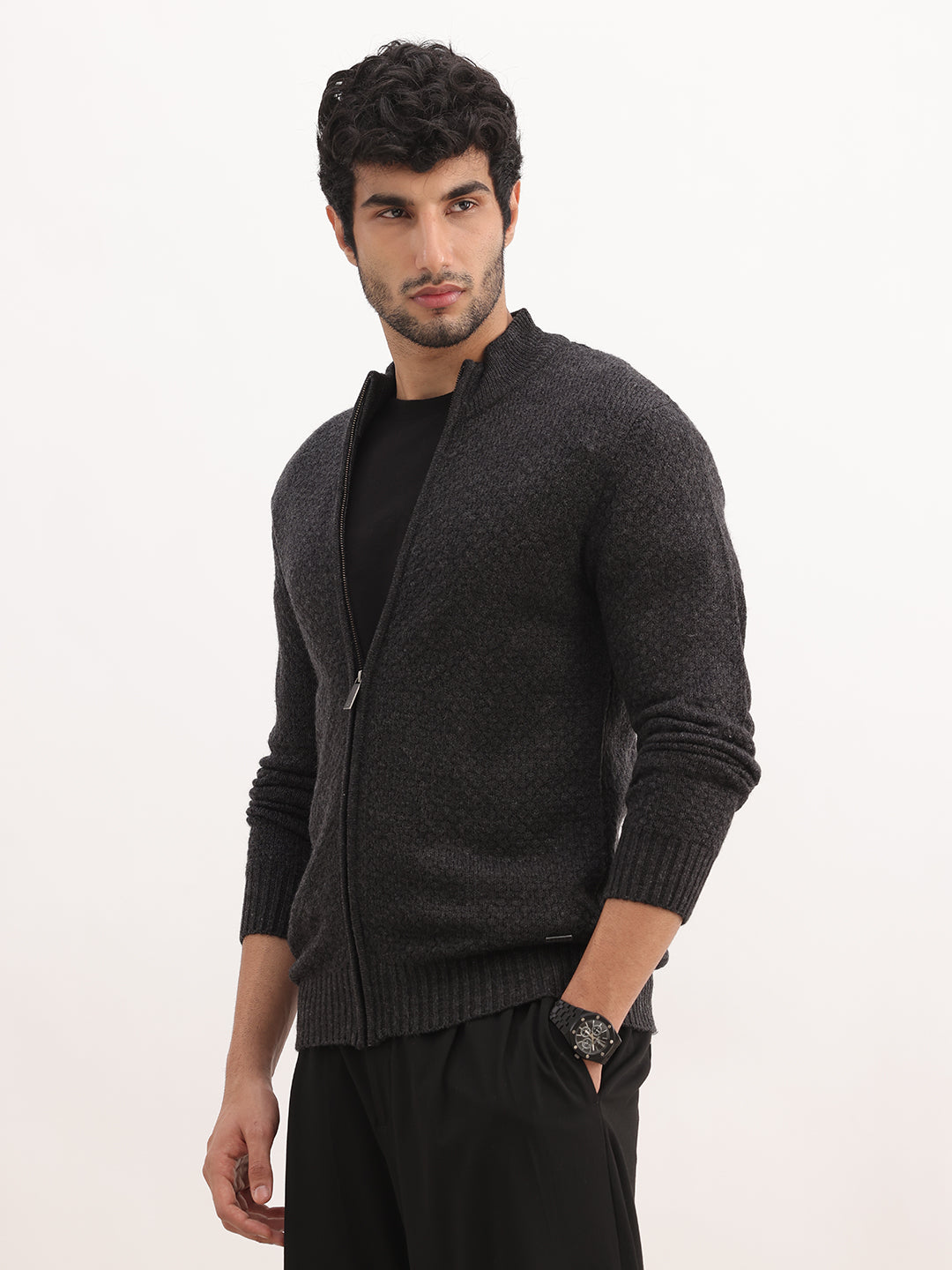 Solid Regular Zipper Sweatshirt | Charcoal