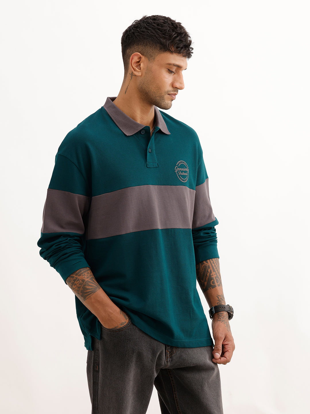 Oversized Cut & Sew Full Sleeve Polo T-Shirt | Green