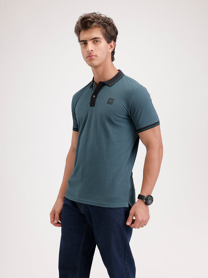 Solid Slim Fit Tipping Collar Polo T-Shirt  | Dark Green