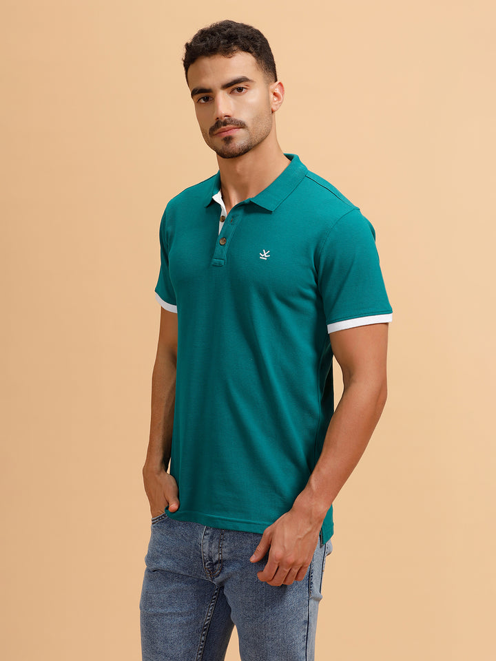Contrast Detail Slim Fit Polo T-Shirt | Teal