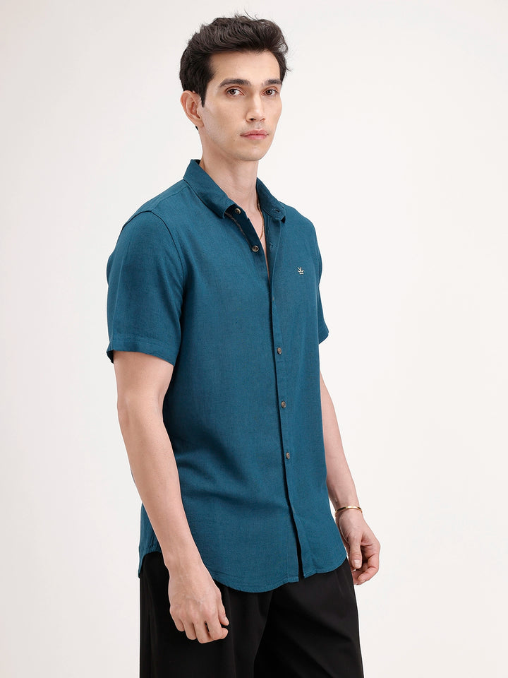 Slim Fit Linen Blend Shirt | Teal