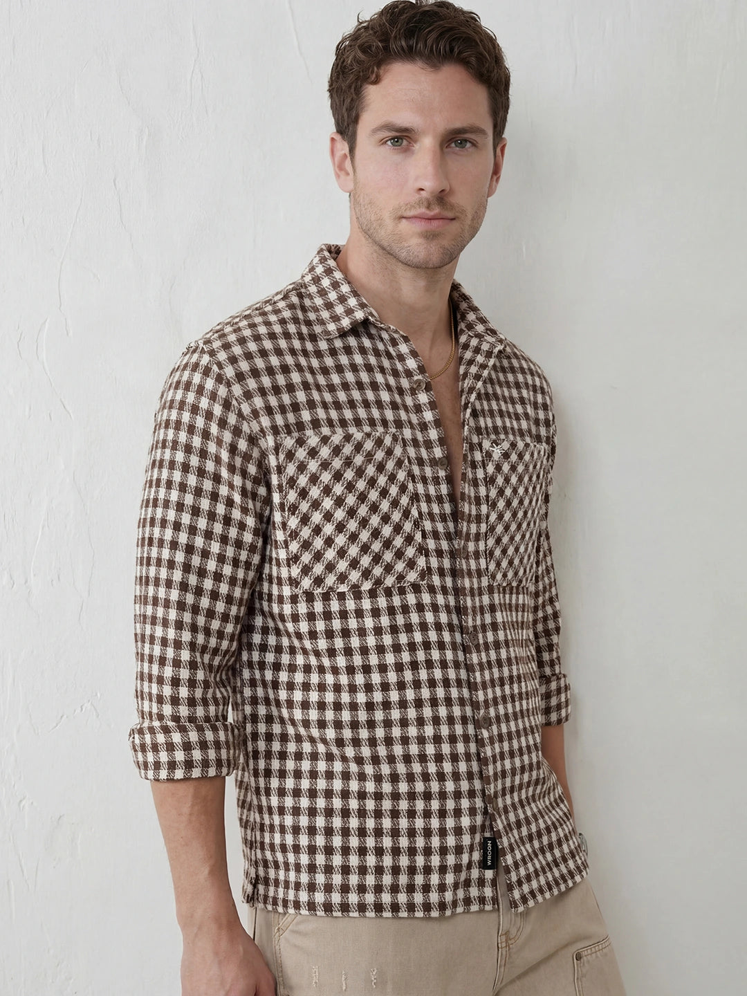 Comfort Fit Double Pocket Checkered Shirt | Brown