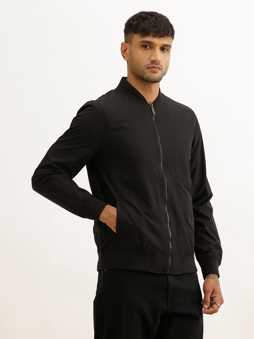 Solid Regular Fit Zipper Jacket | Black