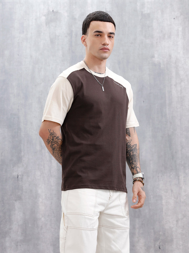 Wrogn Men's Casual Colorblocked T-Shirt  | Dark Brown