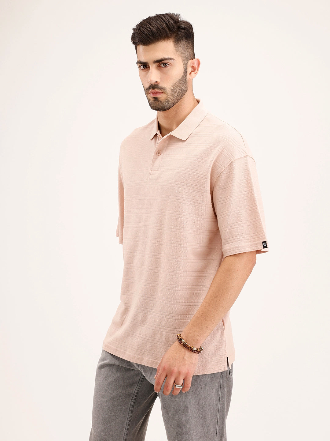 Textured Oversized Polo T-Shirt | Pink