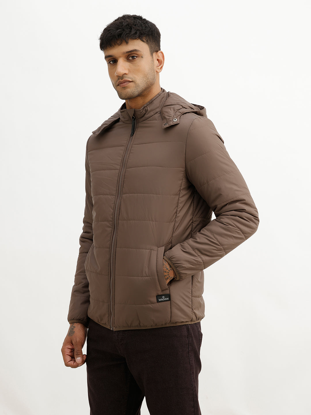 Solid Regular Fit Puffer Jacket | Brown