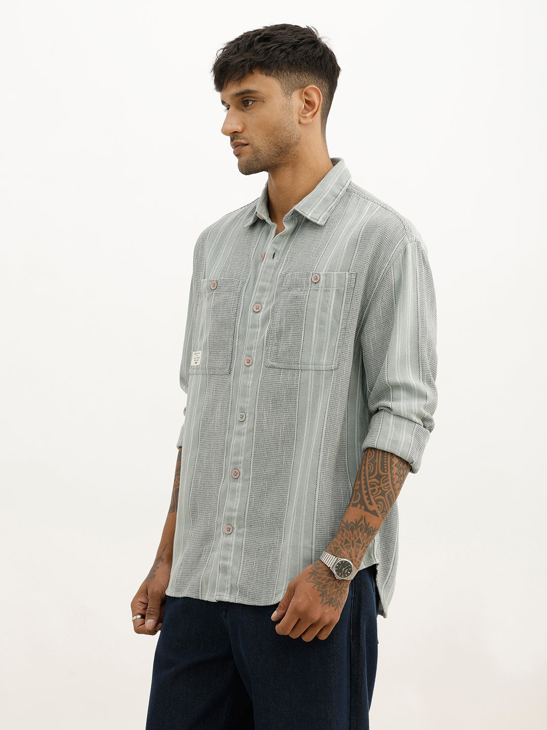 Oversized Fit Textured Striped Shirt | Green