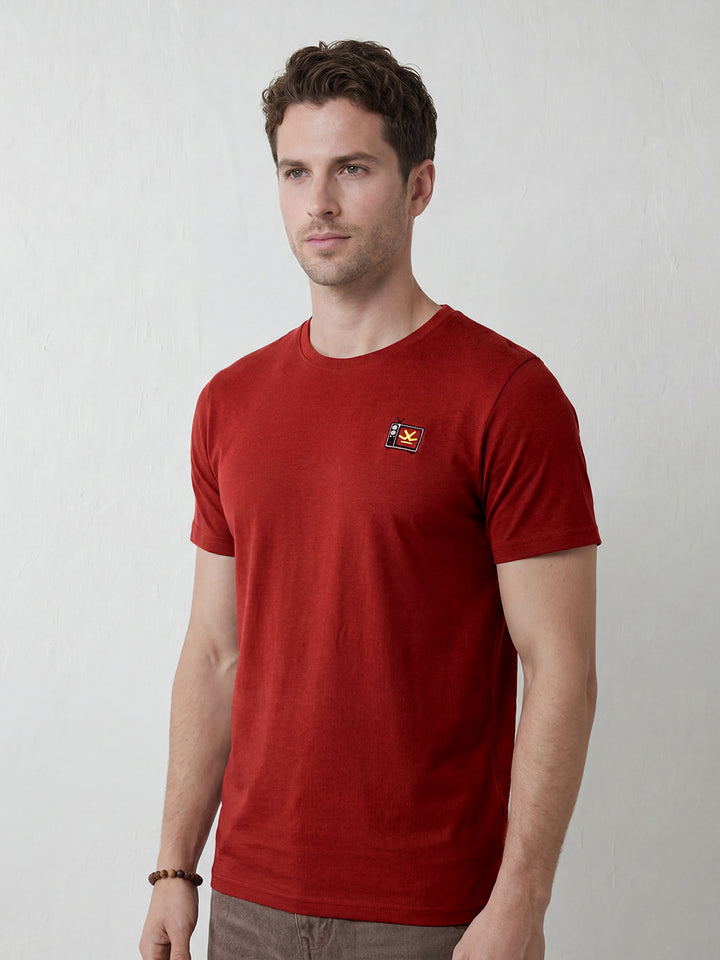 Elevated Men’s Casual Tee with Retro Graphic Embroidery | Red
