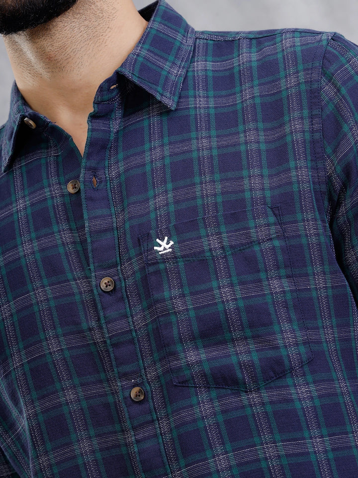 Textured Checkered Cotton Shirt  | Navy Blue