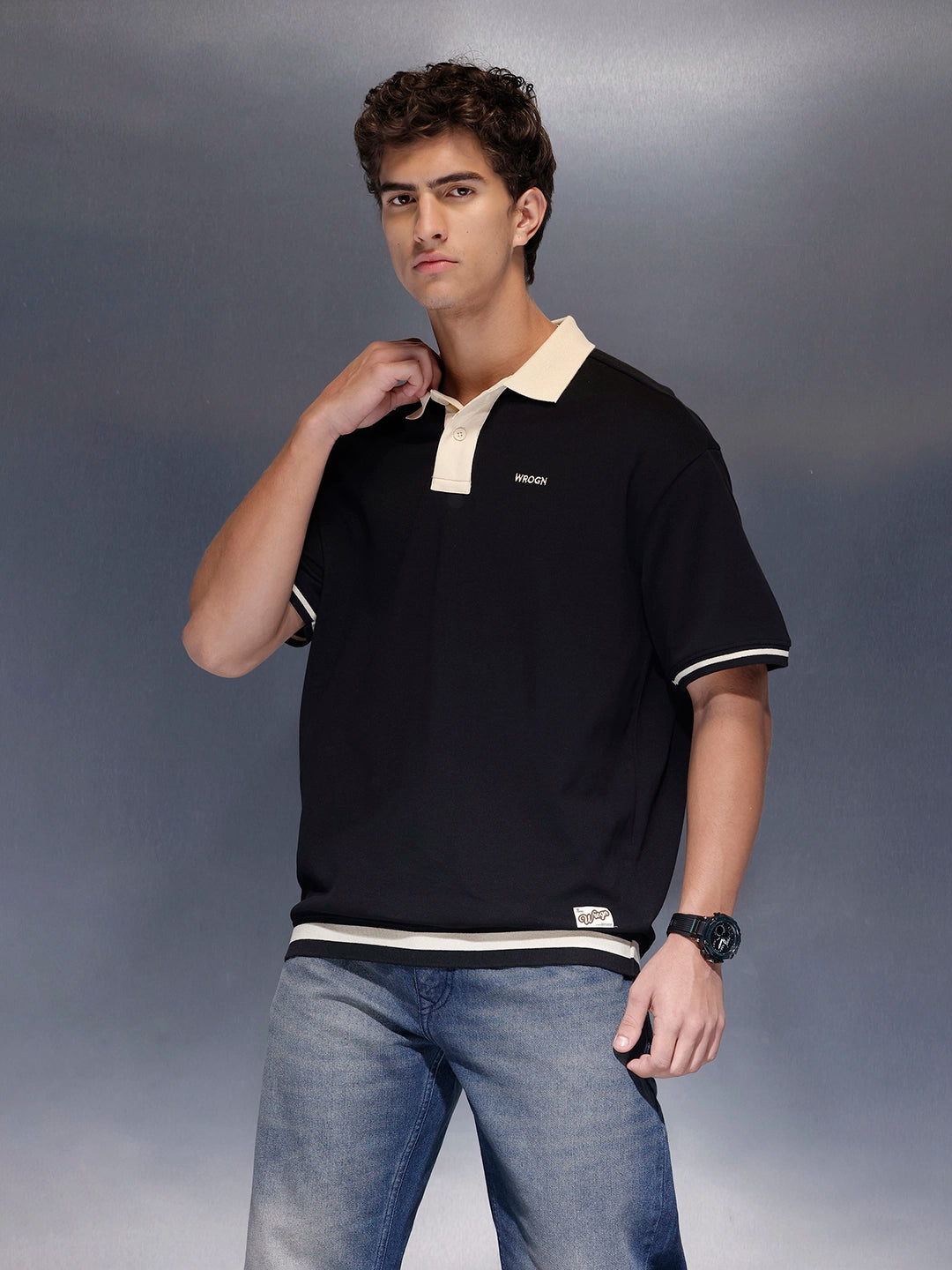 Men's Casual Oversized Contrast Detail Polo T-shirt  |  Black