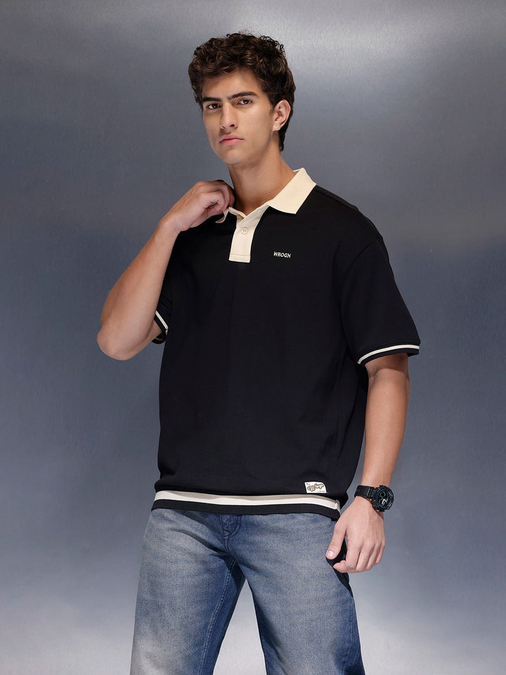 Men's Casual Oversized Contrast Detail Polo T-shirt  |  Black