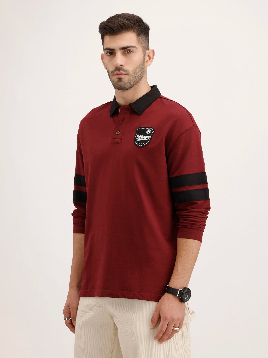 Oversized Contrast Collar Polo T-Shirt | Maroon