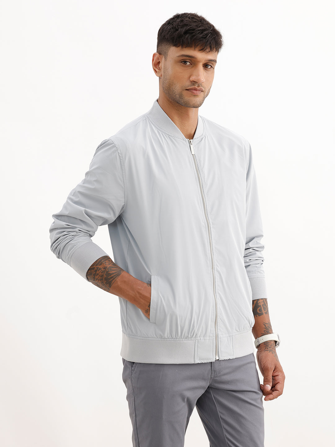 Solid Regular Fit Zipper Jacket | Grey