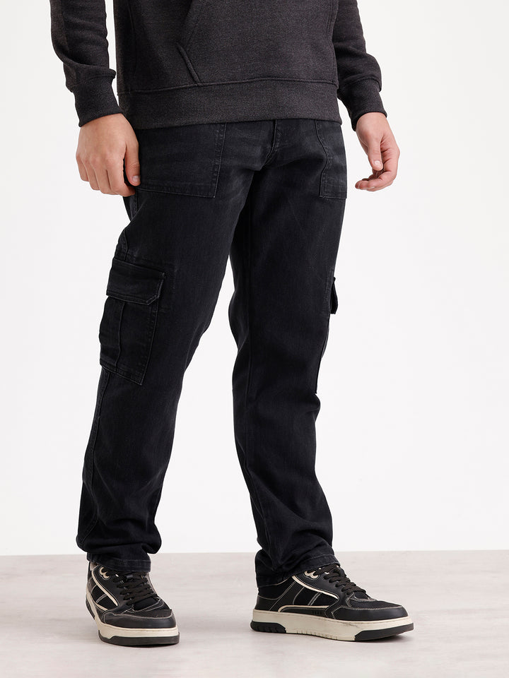 Solid Relaxed Fit Denim Cargo  | Black