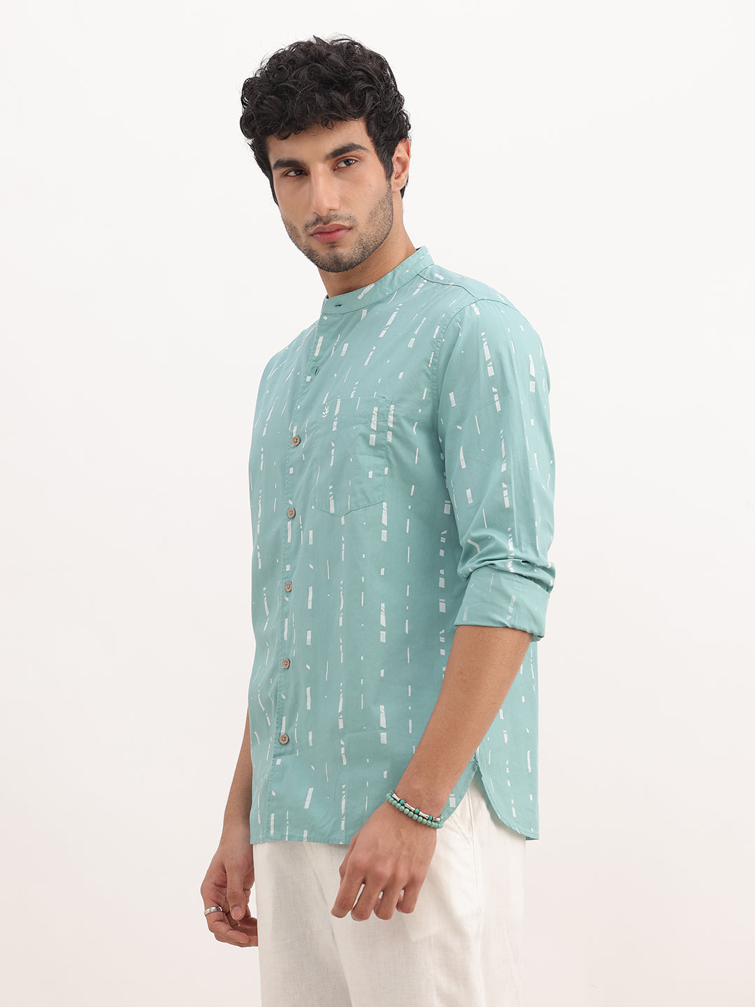 Slim Fit AOP Mandrin Collar Shirt | Green