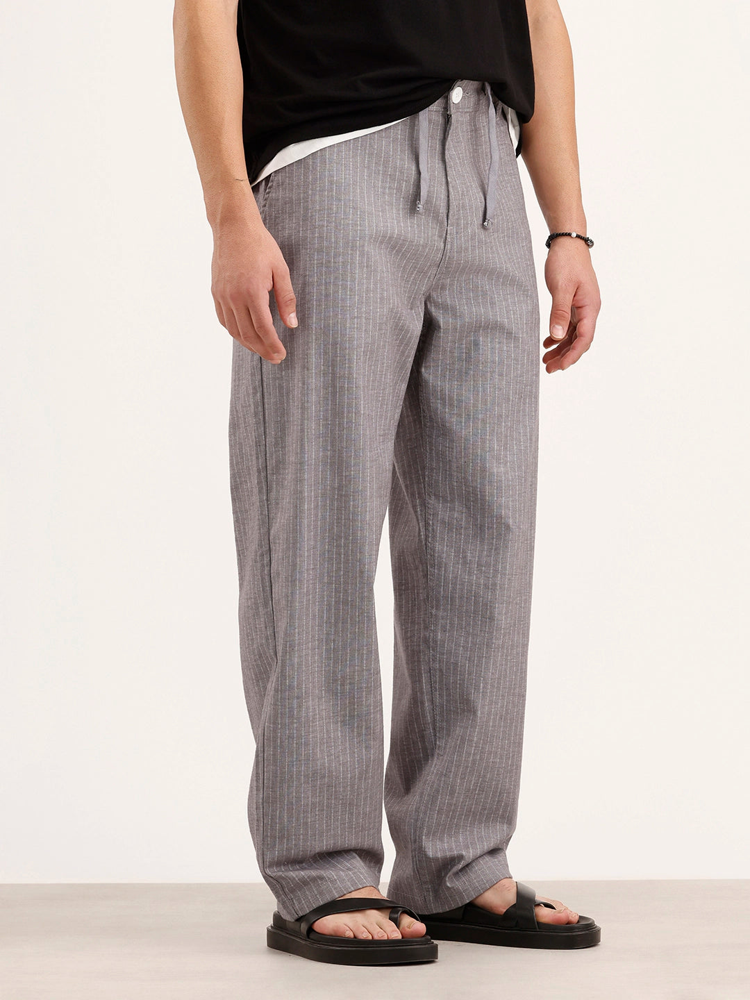 Loose Fit Linen Blend Striped Trouser | Grey