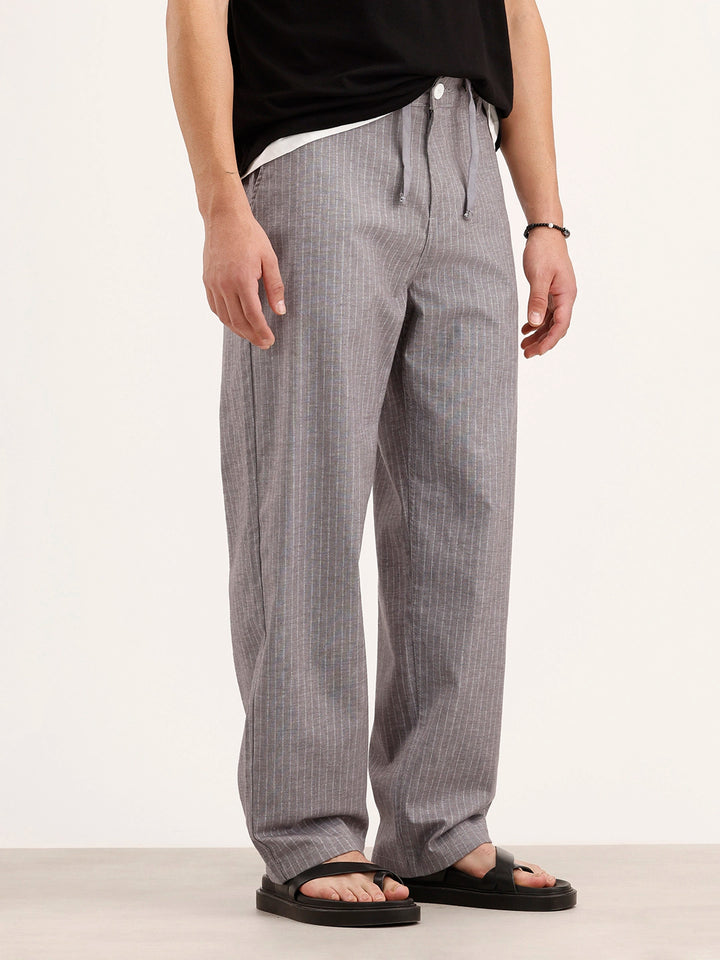 Loose Fit Linen Blend Striped Trouser | Grey