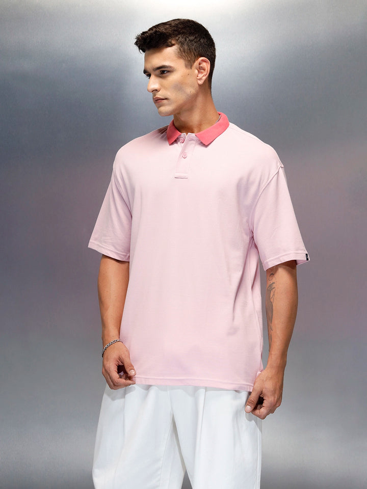 Men's Casual Oversized Fit Polo Collar T-Shirt | Pink