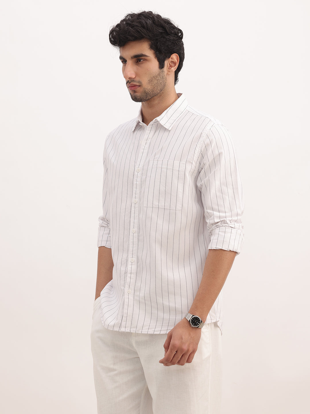 Slim Fit Striped Full Sleeve Shirt | White