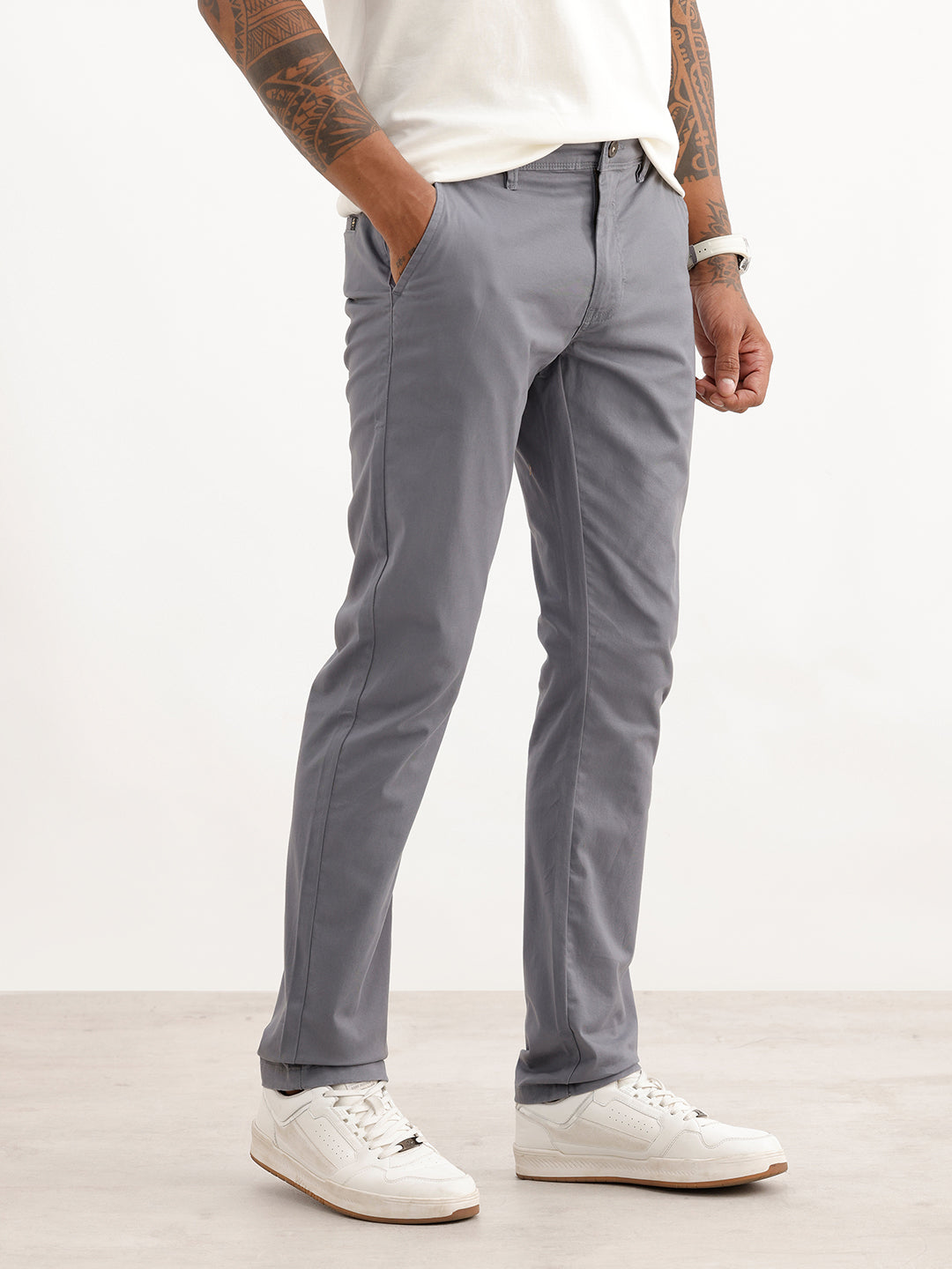 Solid Slim Fit Cotton Blend Trouser | Grey