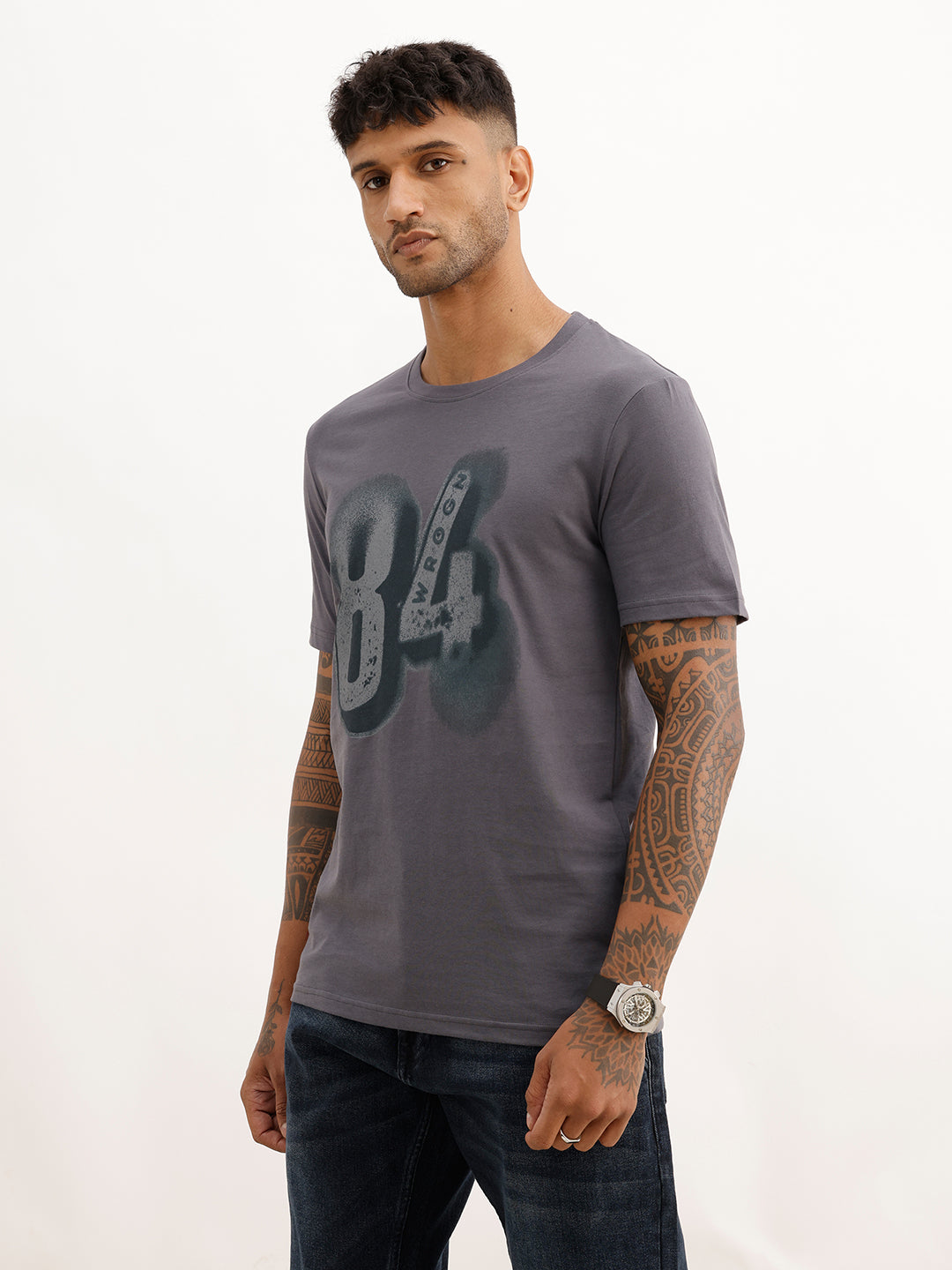 Placement Printed Slim Fit T-Shirt | Grey