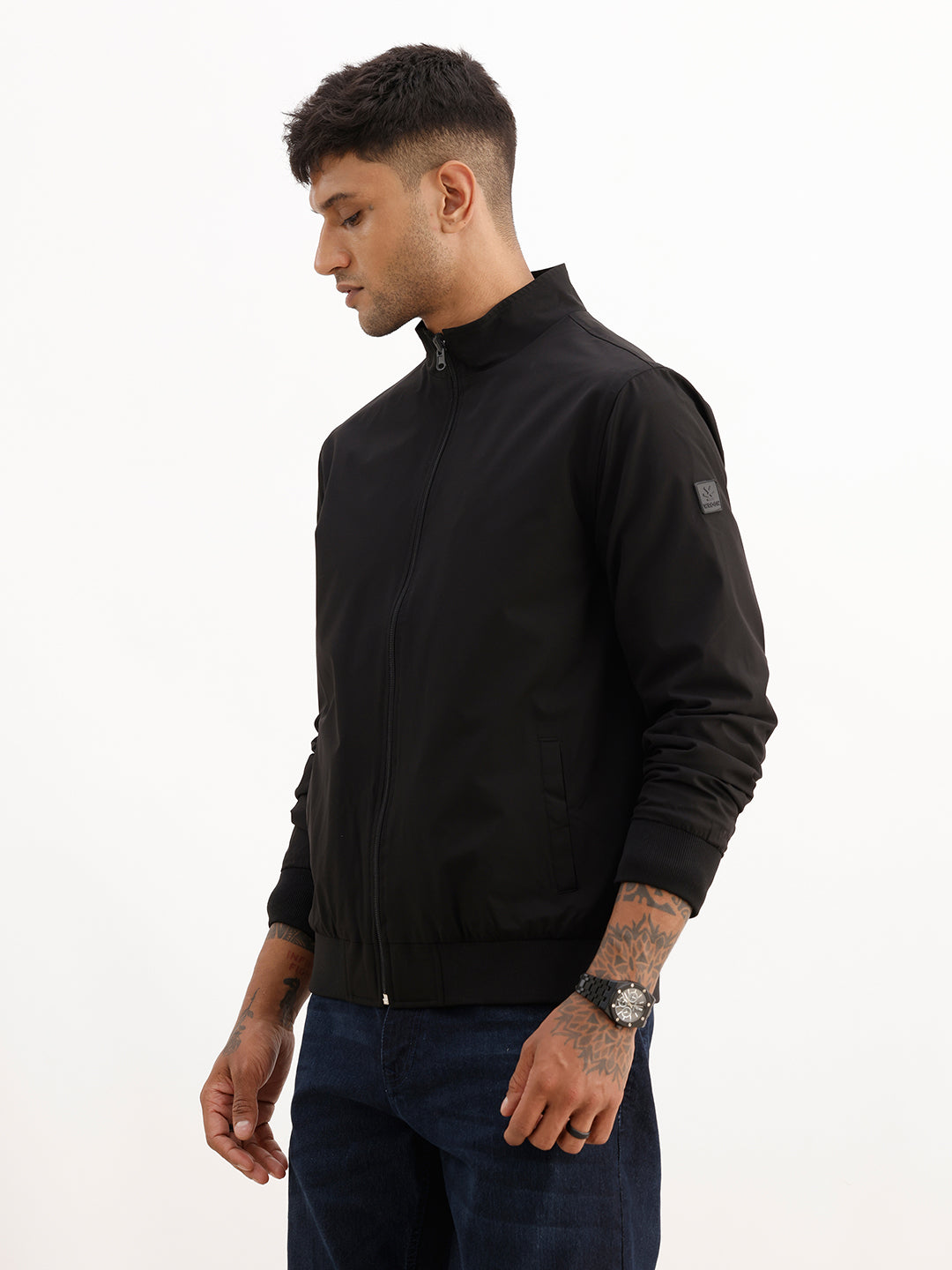 Solid Regular Fit Zipper Jacket | Black