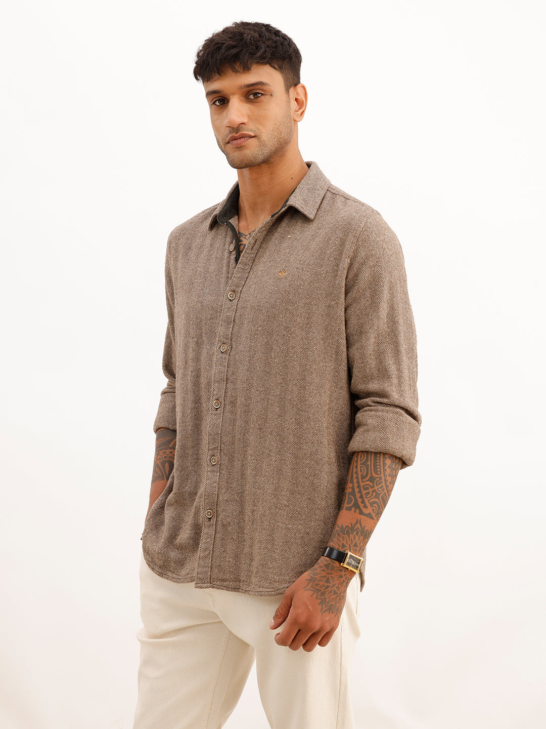 Slim Fit Herringbone Knit Full Sleeve Shirt | Brown