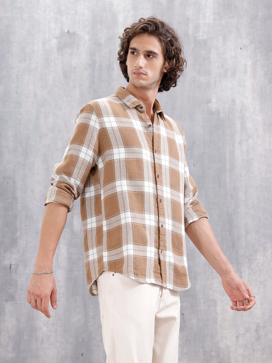 Double Layered Check Slim Fit Shirt | Brown
