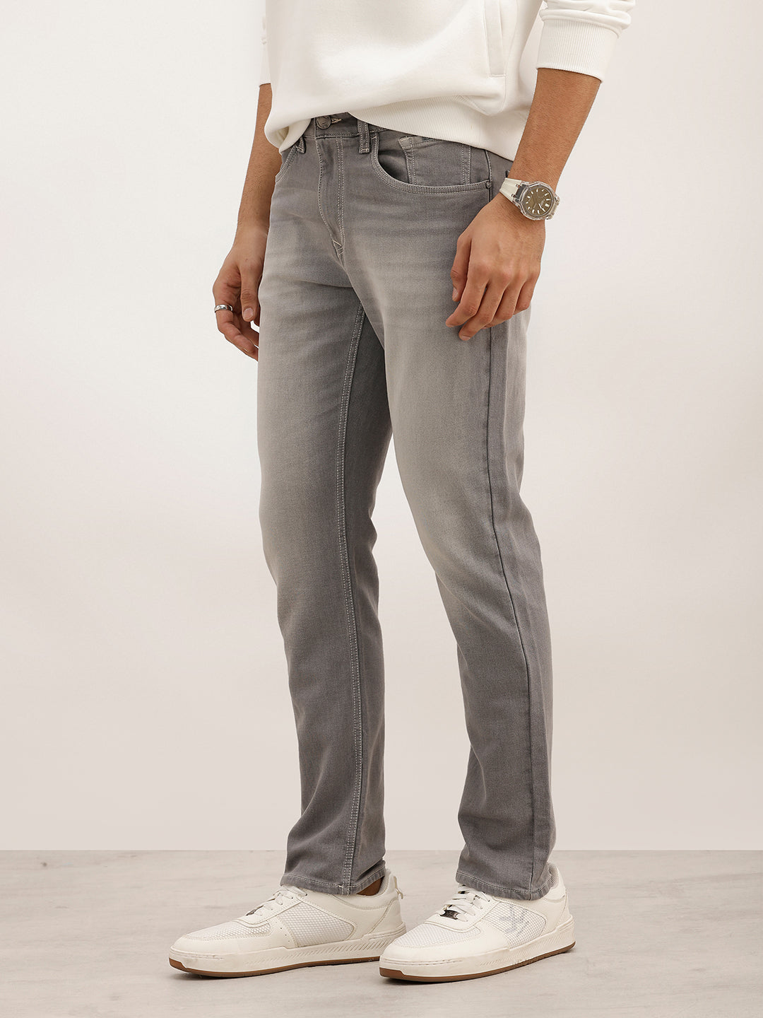 Washed Straight Fit Denim Jeans | Light Grey