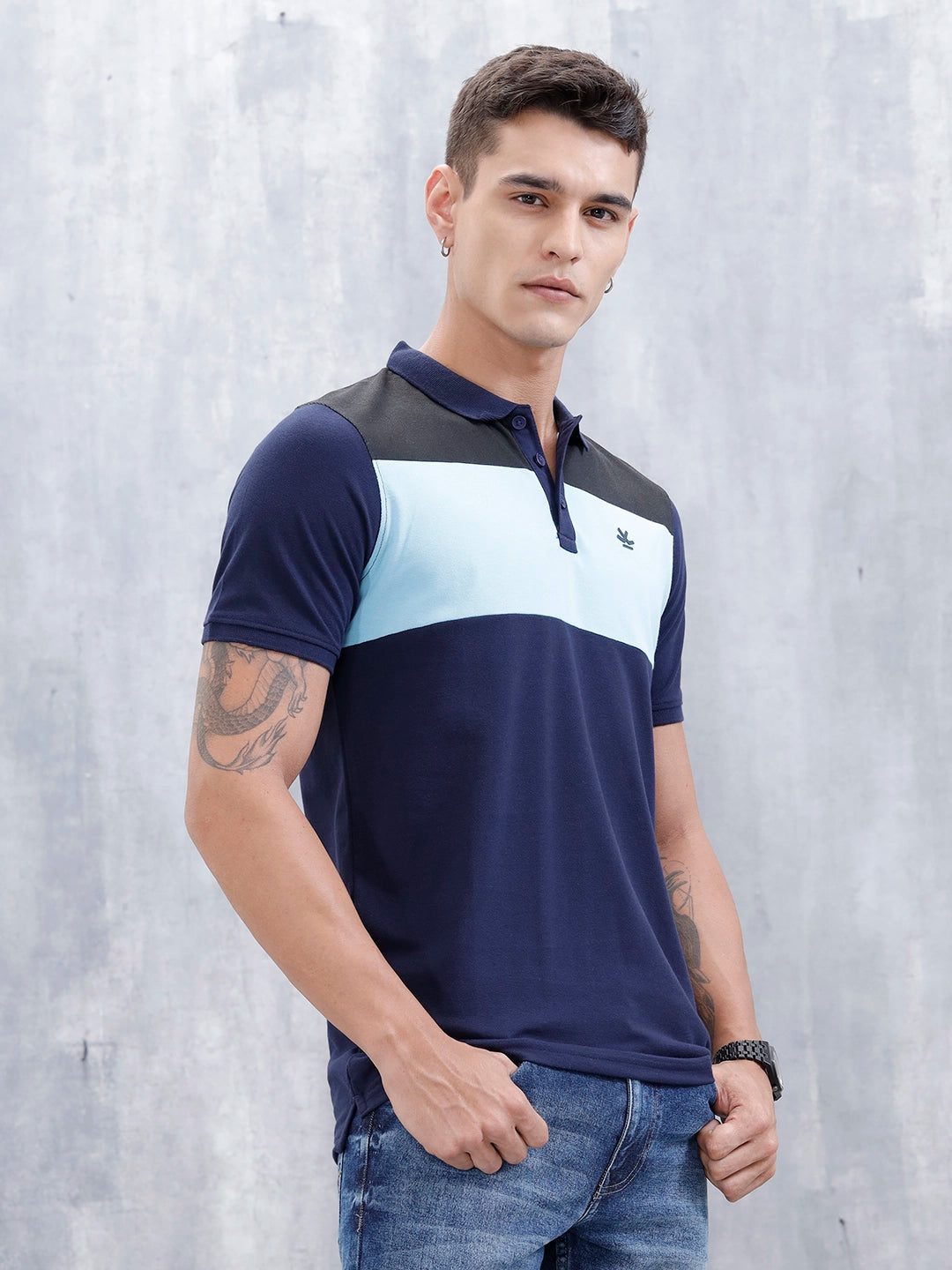 Polo T-Shirt With Colourblock Details | Dark Blue