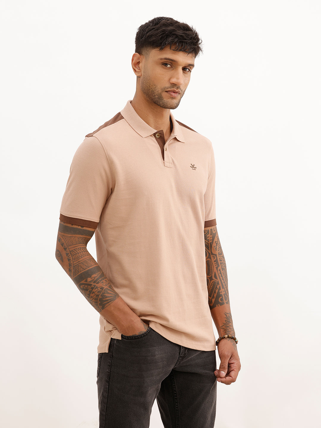 Slim Fit Panel Printed Polo T-Shirt | Light Brown