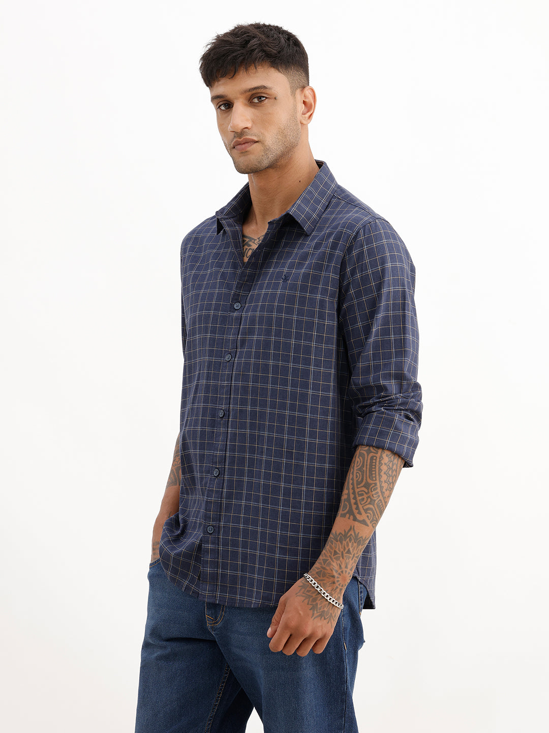 Slim Fit Checkered Full Sleeve Shirt | Navy Blue