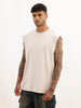 Oversized Raw Edge Cut-Off Sleeve T-Shirt | Beige