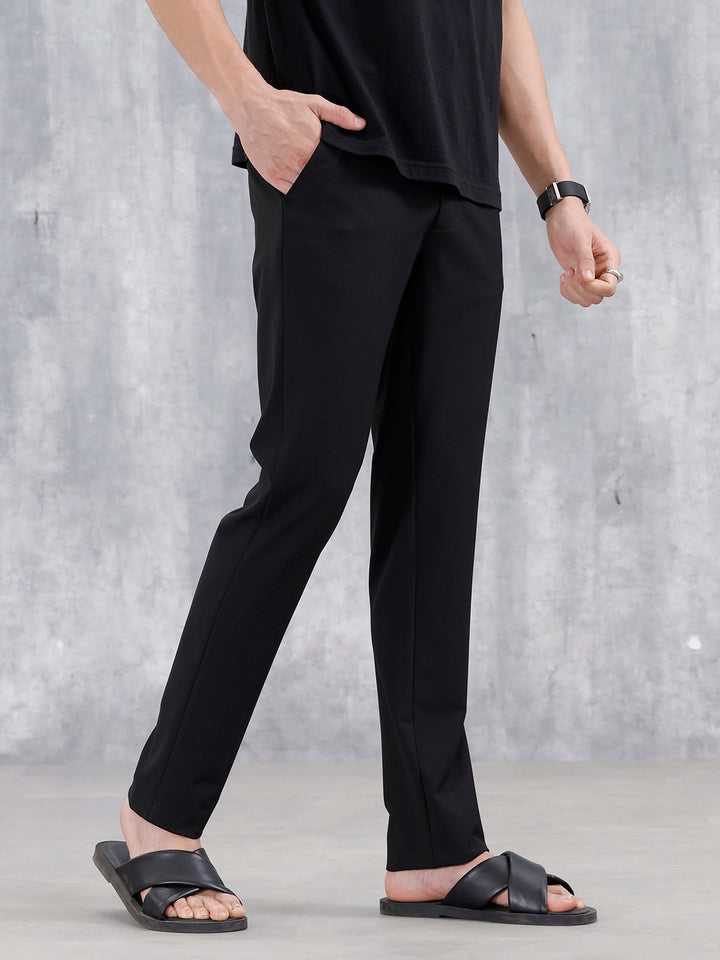 Slim Fit Poly Viscose Lycra Trousers | Black
