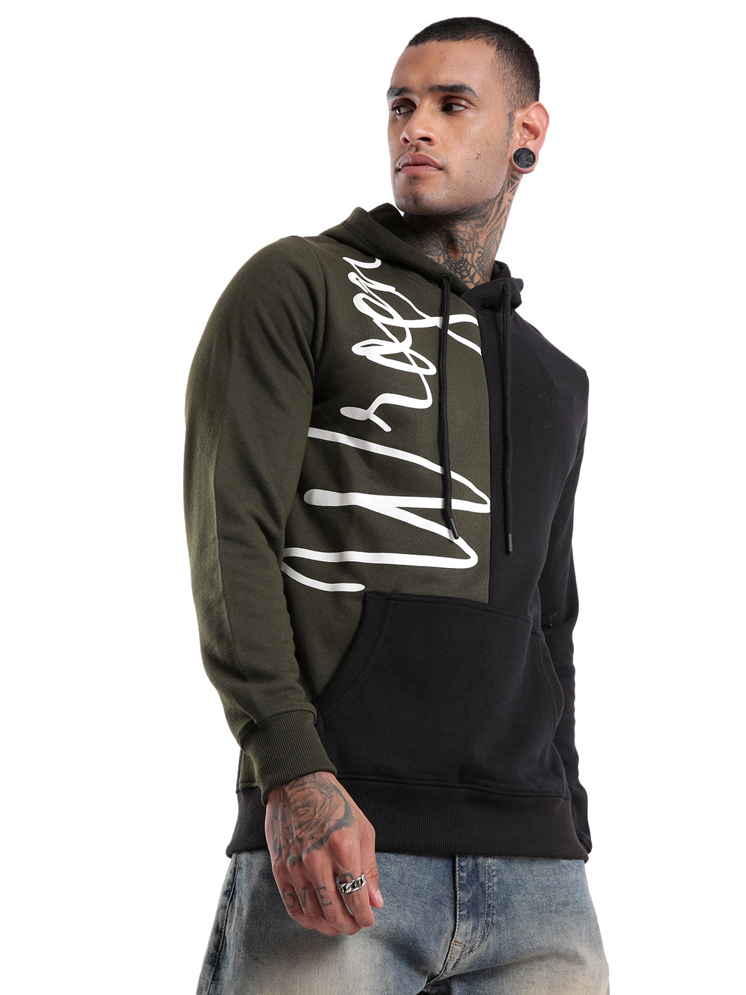 Printed Olive Colour-blocked Hoodie