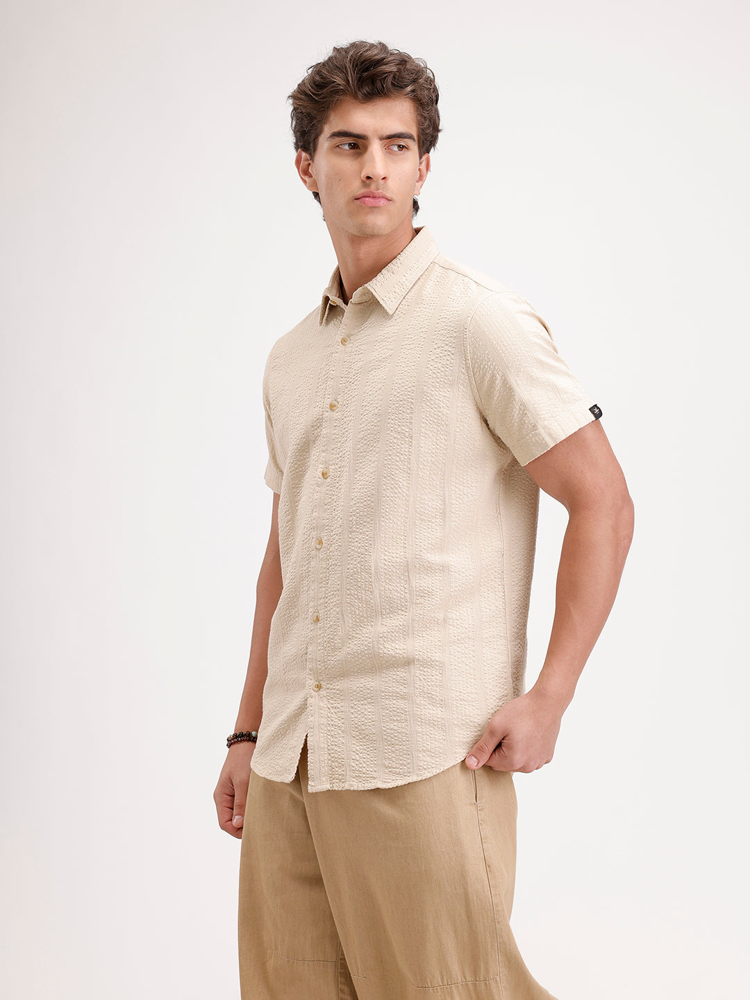 Slim Fit Textured Half Sleeve Shirt  | Cream