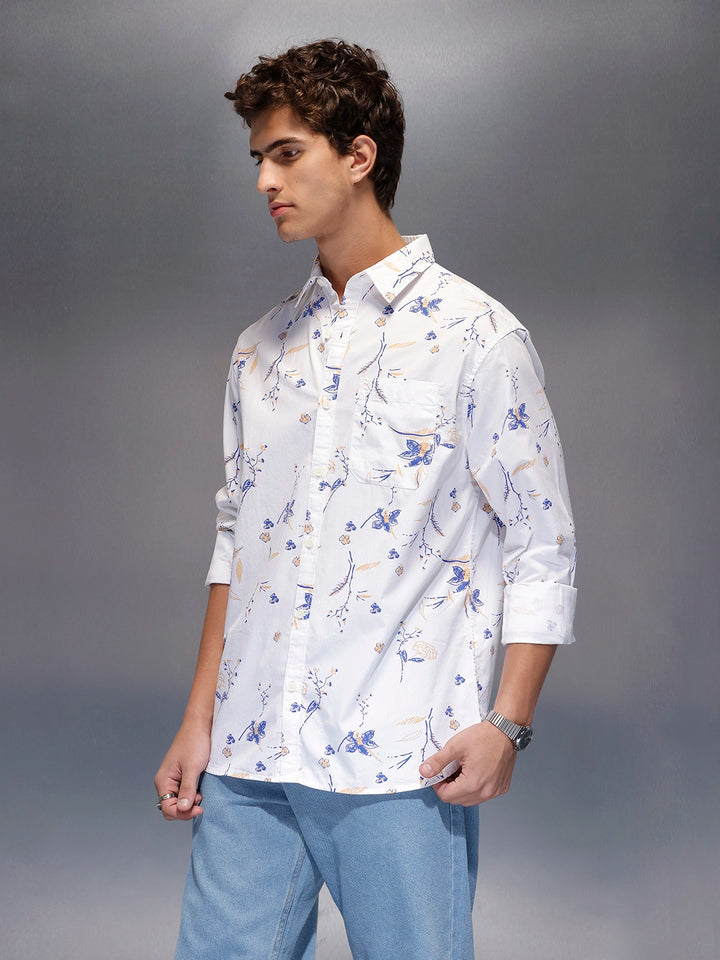 Men's Casual Floral Print Shirt  |  White