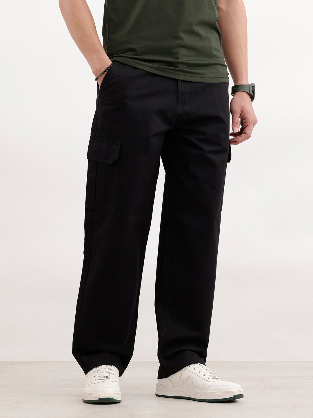 Solid Loose Fit Cargo Trouser | Black
