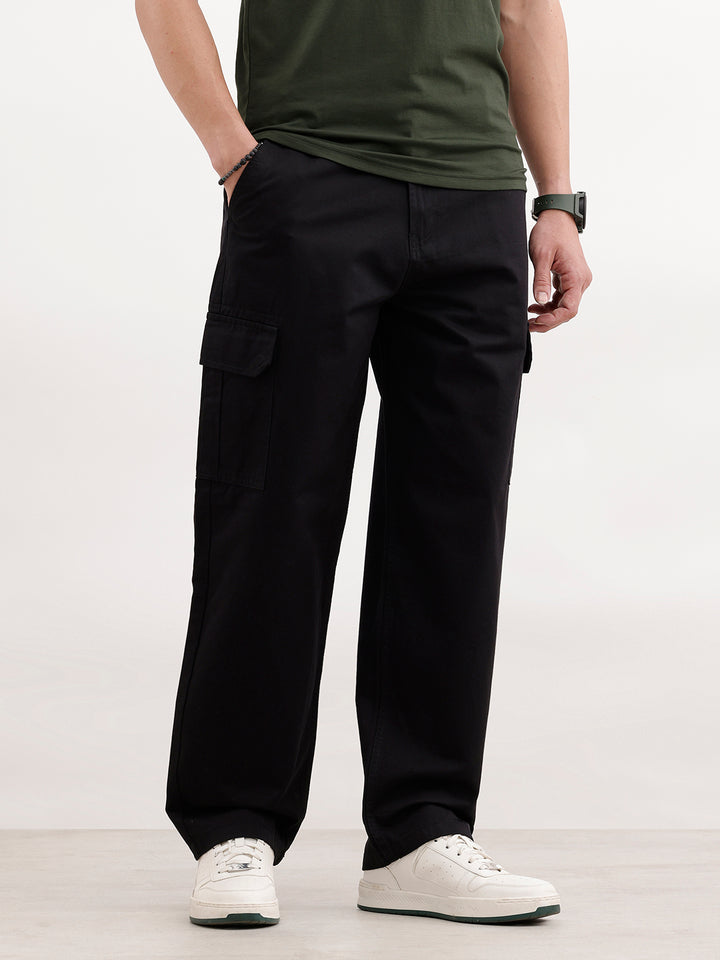 Solid Loose Fit Cargo Trouser | Black