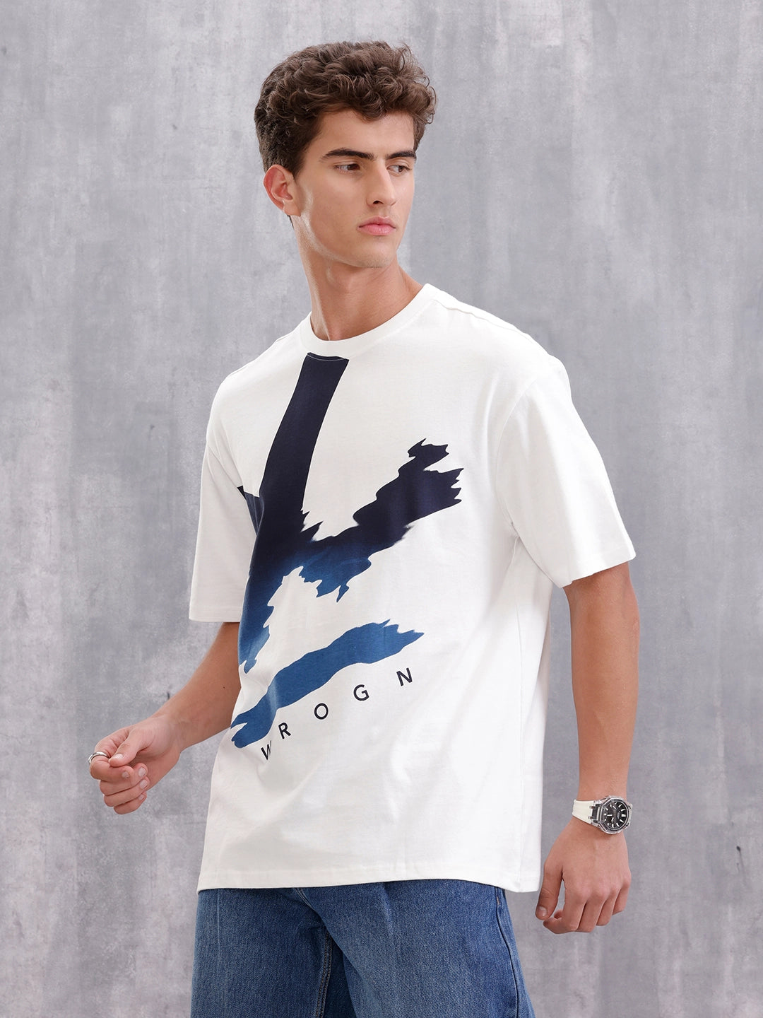Oversized Graphic T-Shirt By Wrogn – Statement Placement Print | White
