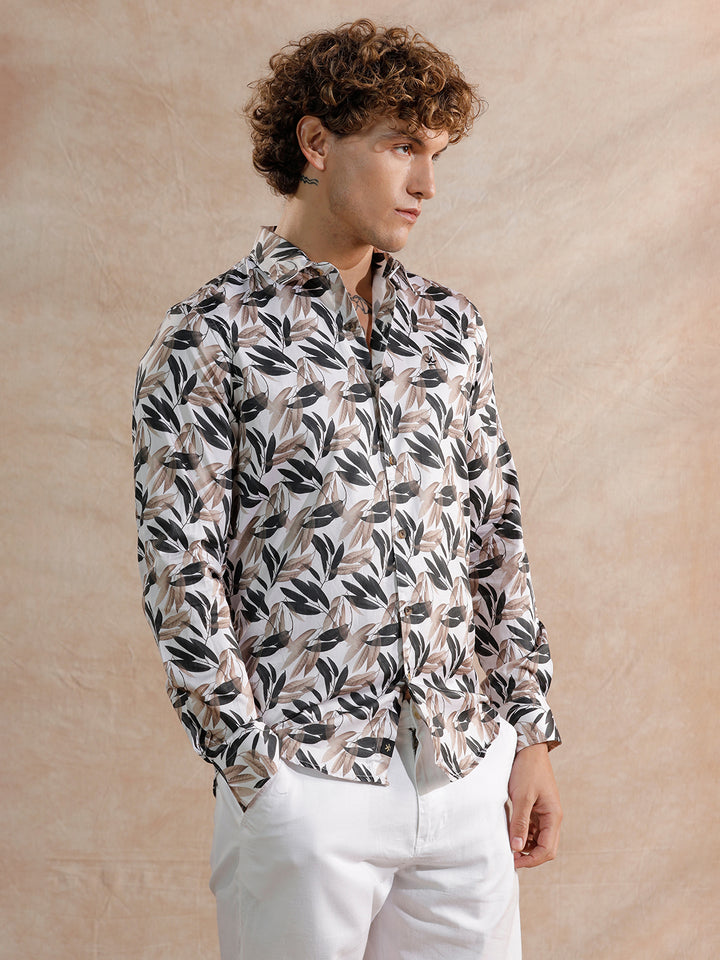 Printed Satin Slim Fit Shirt | Off White