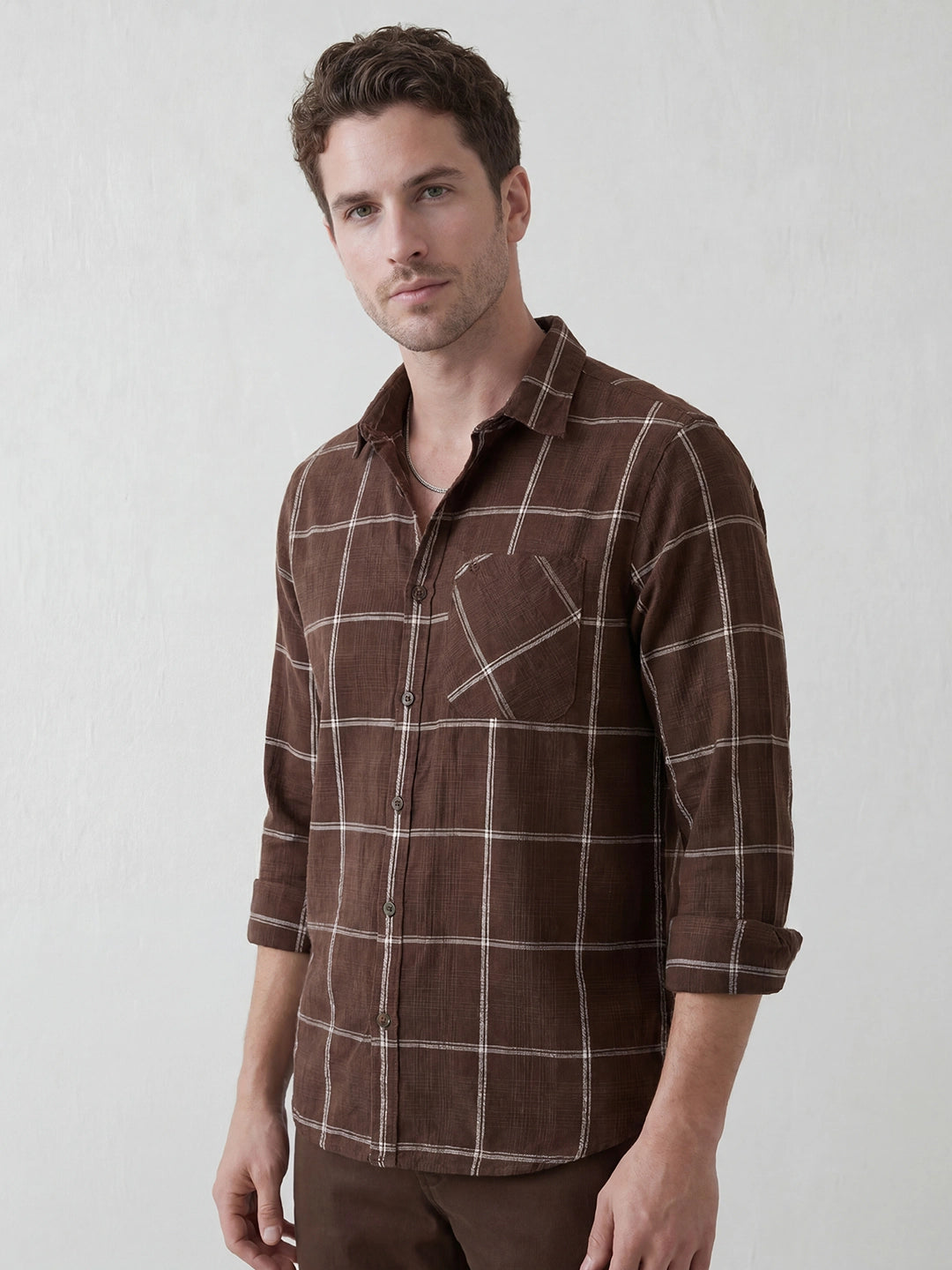 Slim Fit Checkered Shirt | Brown