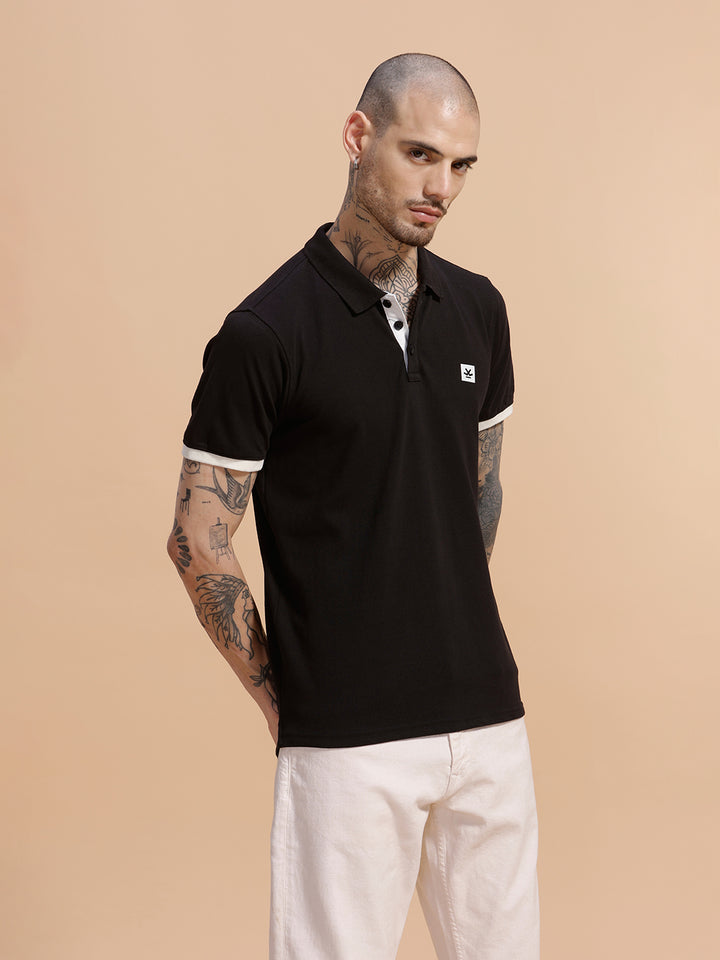 Contrast Rib Pique Polo T-Shirt | Black