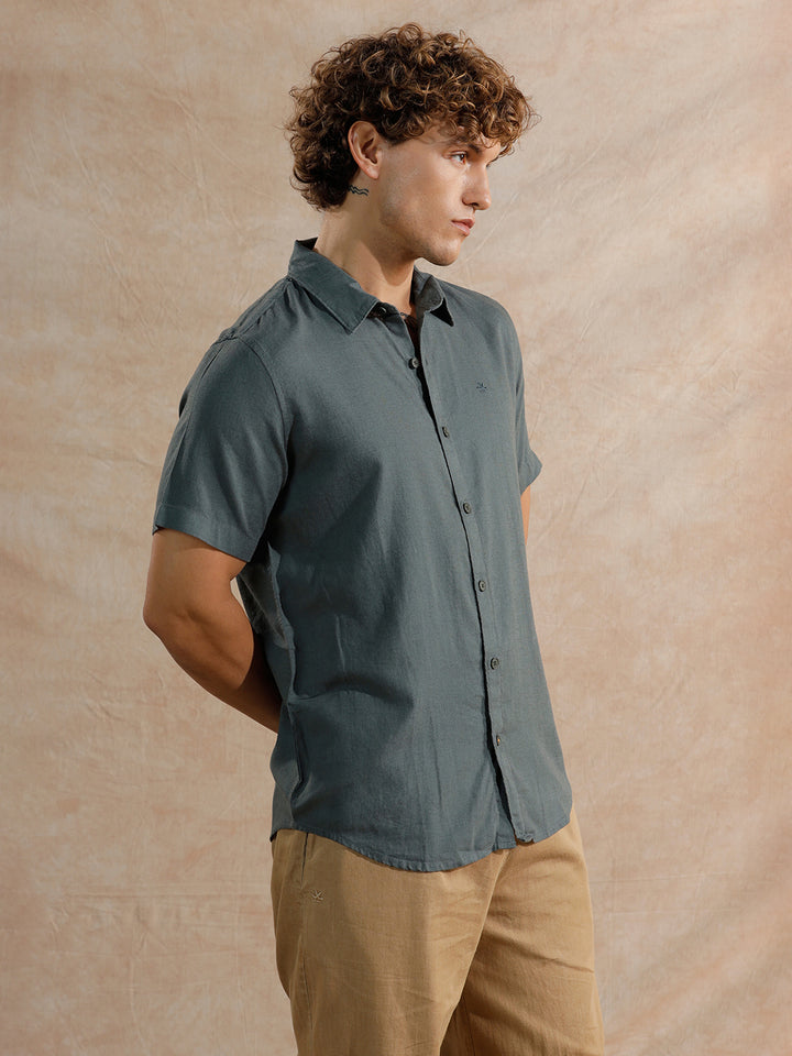 Solid Linen Blend Slim Fit Shirt | Teal