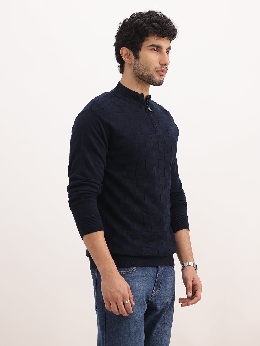 Solid Regular Fit Quater Zipper Textured Sweater | Blue