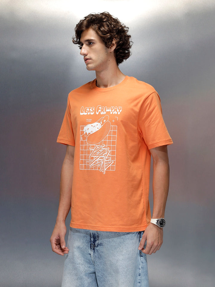 Wrogn Men's Regular Fit T-shirt with Chest Graphic | Orange